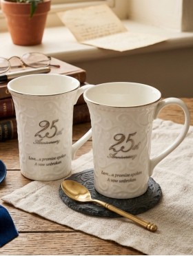 Porcelain 25 Anniversary Mug , Set of 2 With Gift Box
